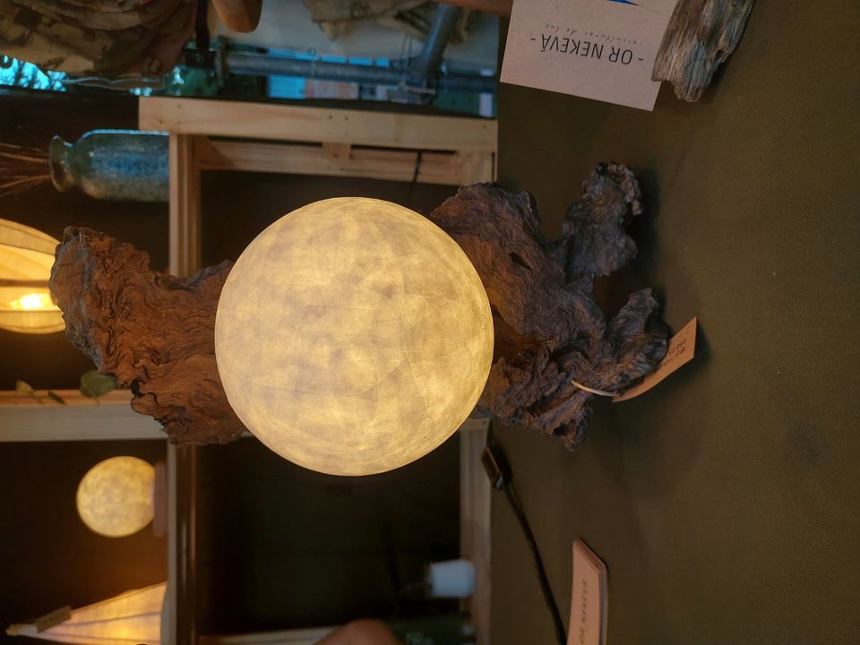 Lámpara esfera de papel encendida apoyada sobre una raíz de madera